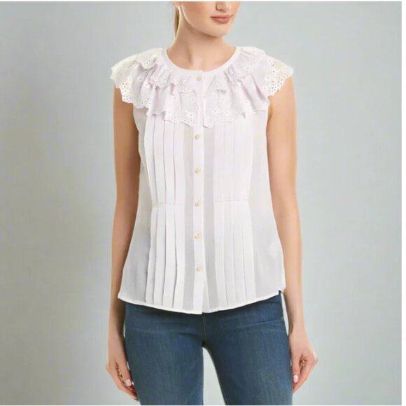 Rebecca Taylor Dree Cotton Silk Ruffle Top Womens 10 Pink Eyelet Sleeveless - Picture 1 of 8